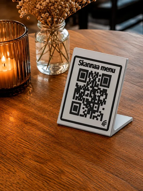 L-Shaped Menu Stand · QR + NFC